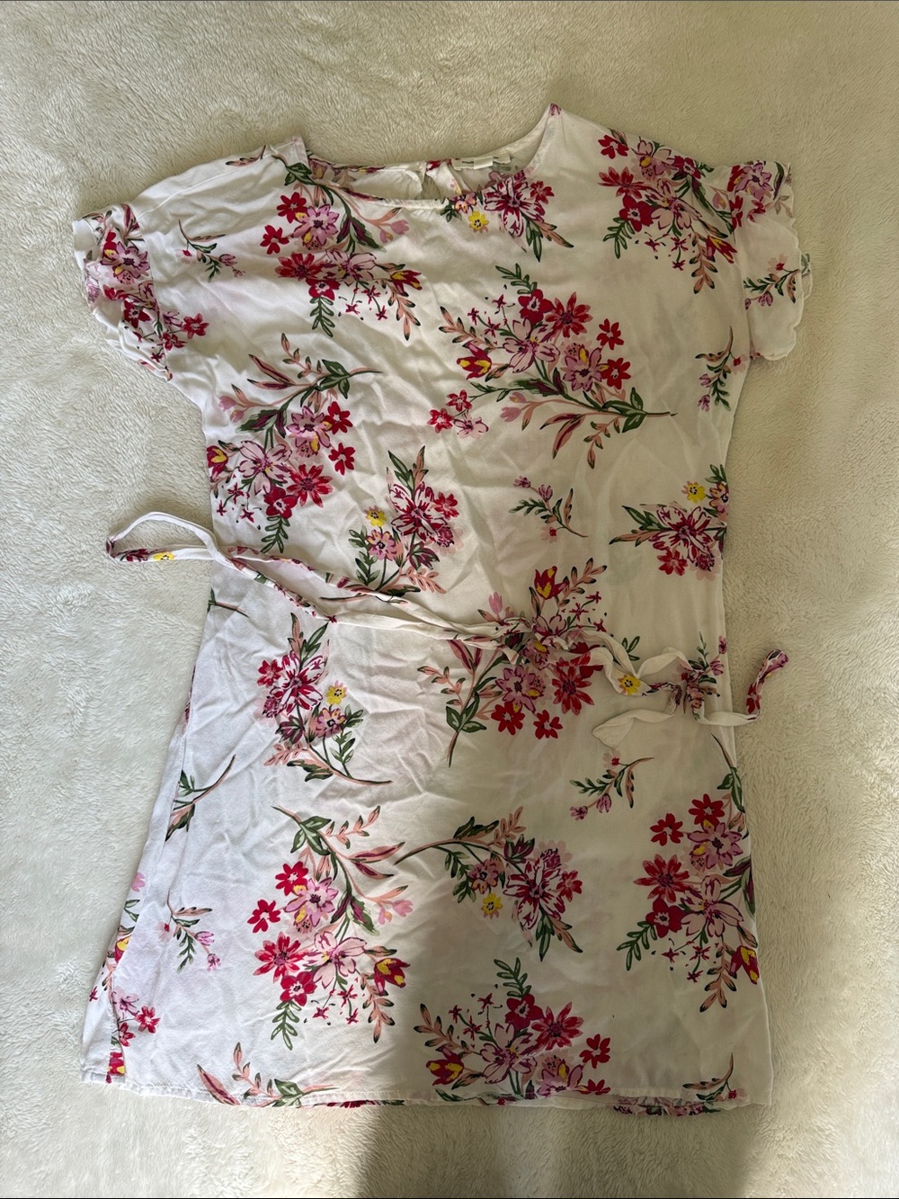 White Floral Wrap Dress with Pink and Green Accents